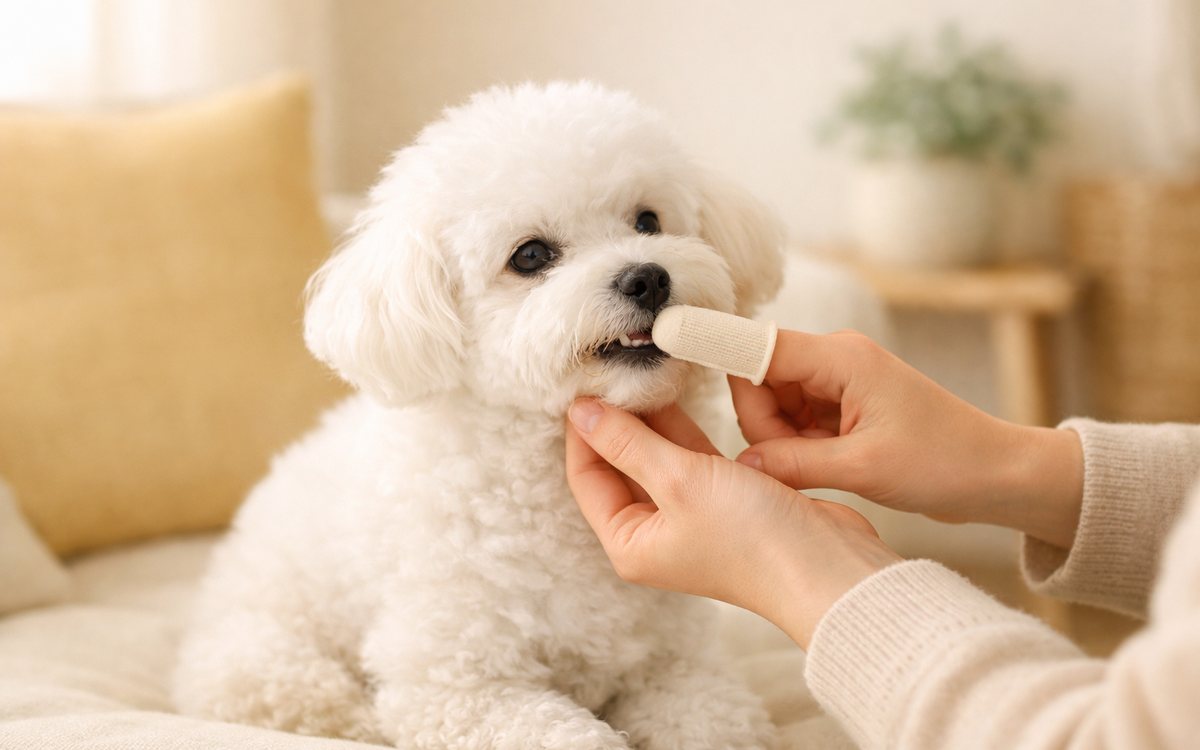 飼主用指套牙刷溫柔地幫小白狗清潔牙齒