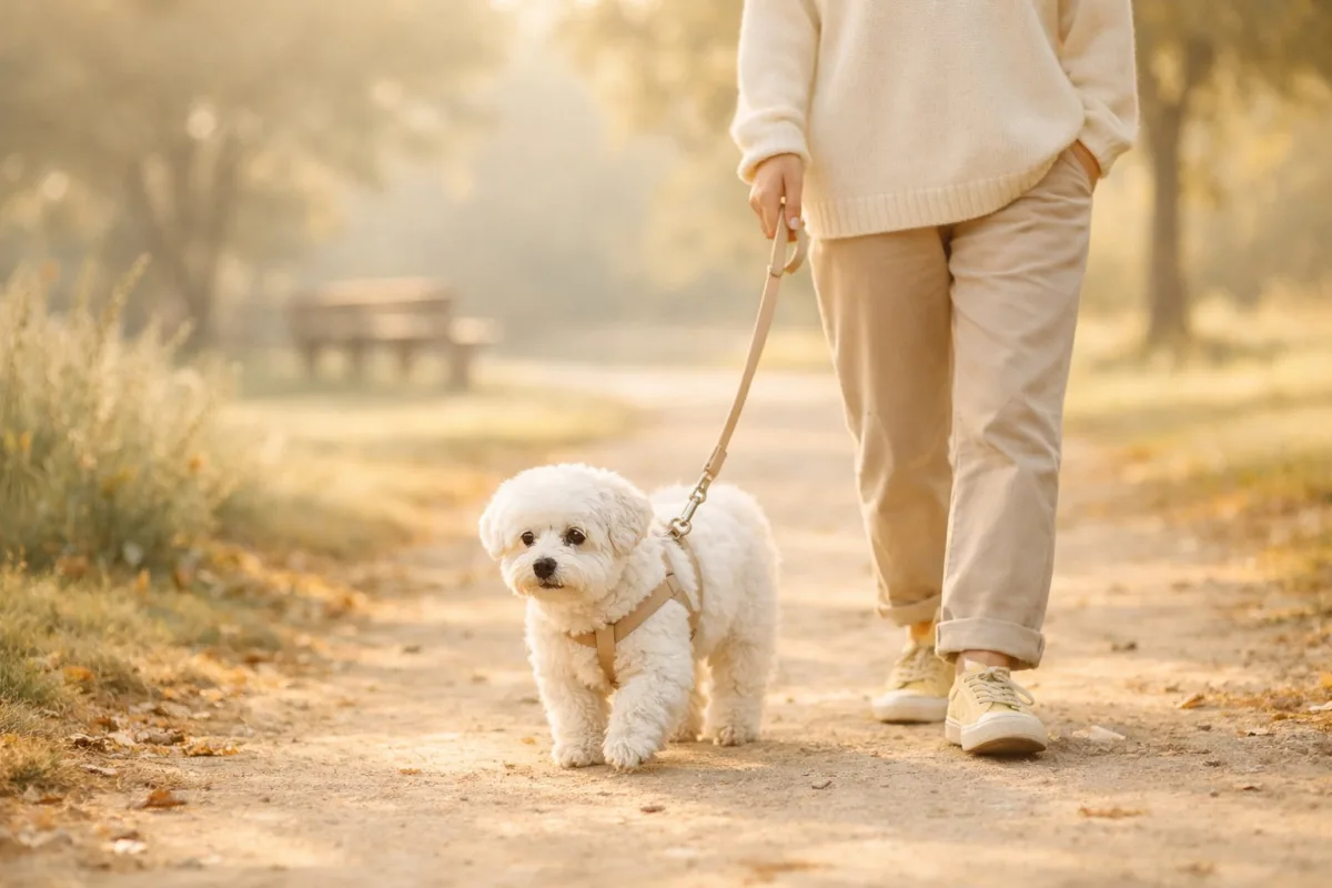 飼主陪著年長的小白狗在清晨的公園步道慢慢散步